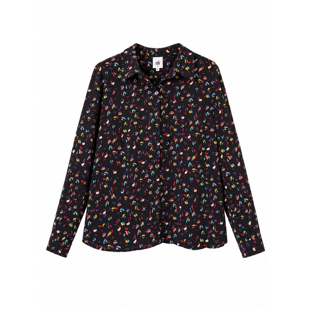 Cabi Womens Button Down Shirt Blouse Black Confetti Print Long Sleeve Size L